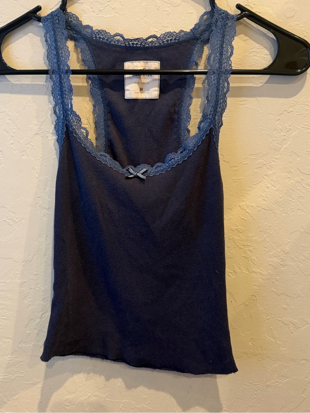 Vtg Hollister Women's Blue Solid Camisole Tank Top Lace Bow Size M cut to crop